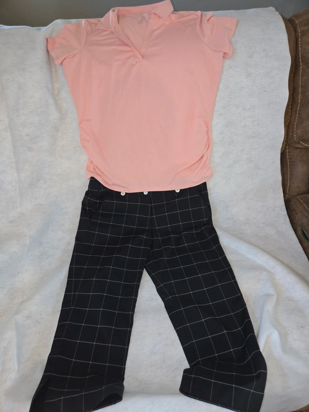 Nike Peach Short Sleeve Polo with Black Windowpane Capris